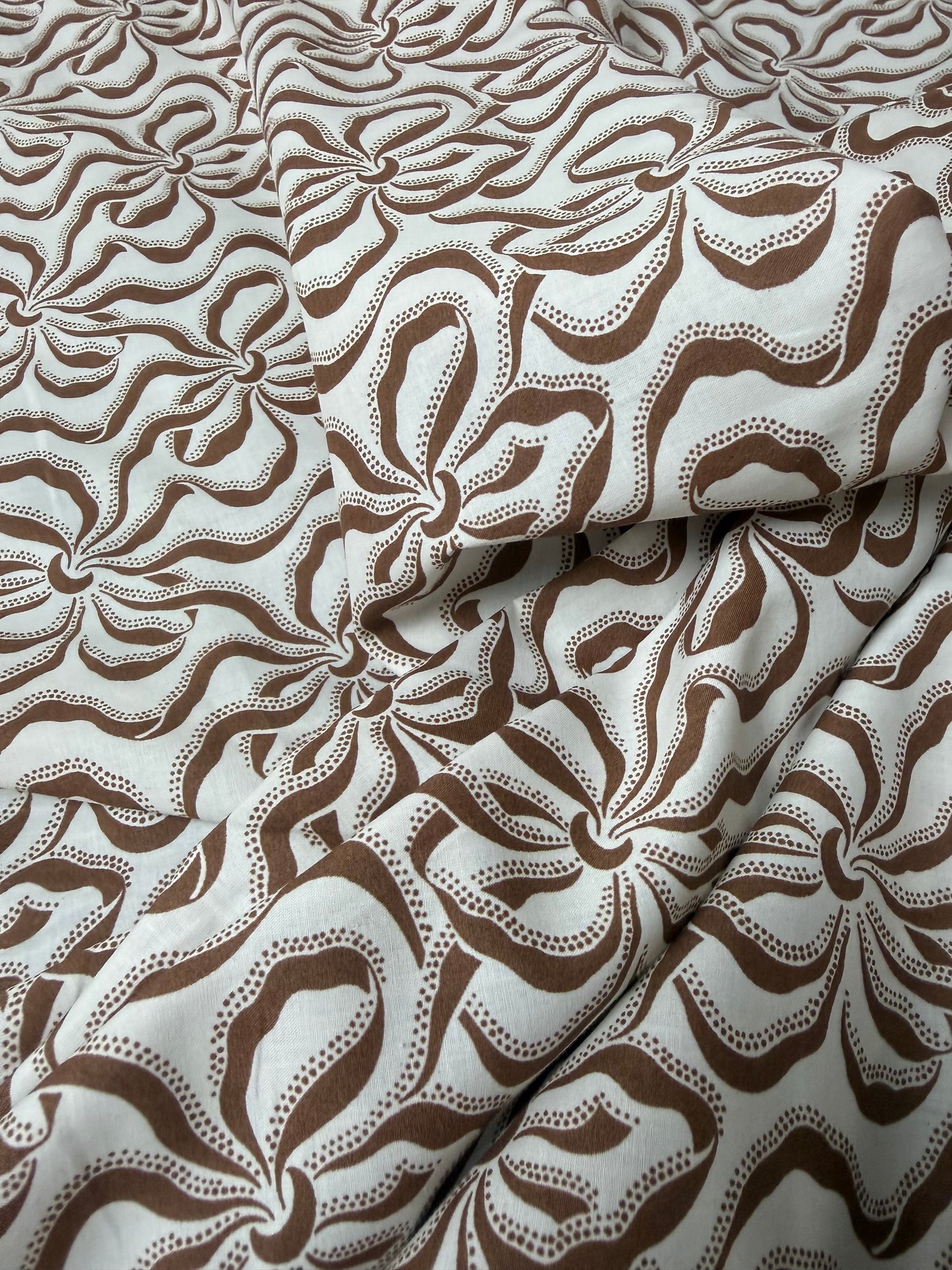 Chocolate Retro Swirl Cotton Dress Fabric | Sold by the Metre