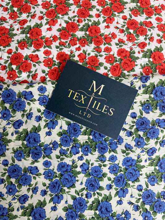 Red & Blue Rose Cotton Dress Fabric |  Sold by the Metre | 2 Colours Available
