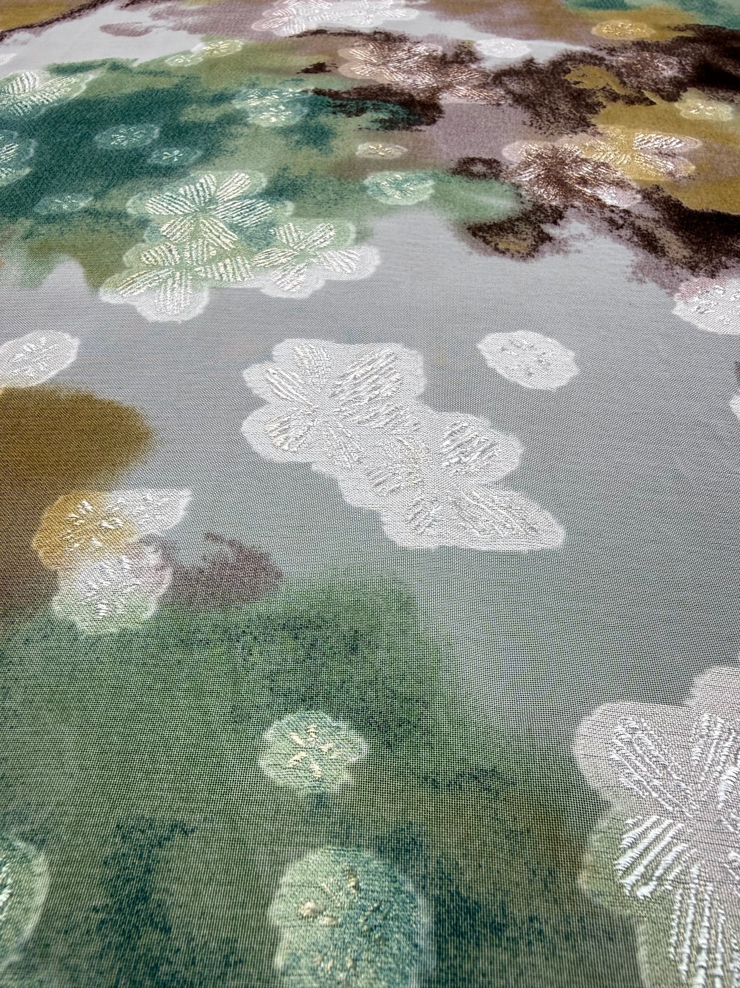 Mustard & Teal Watercolour Lurex Chiffon Fabric | Sold by the Metre
