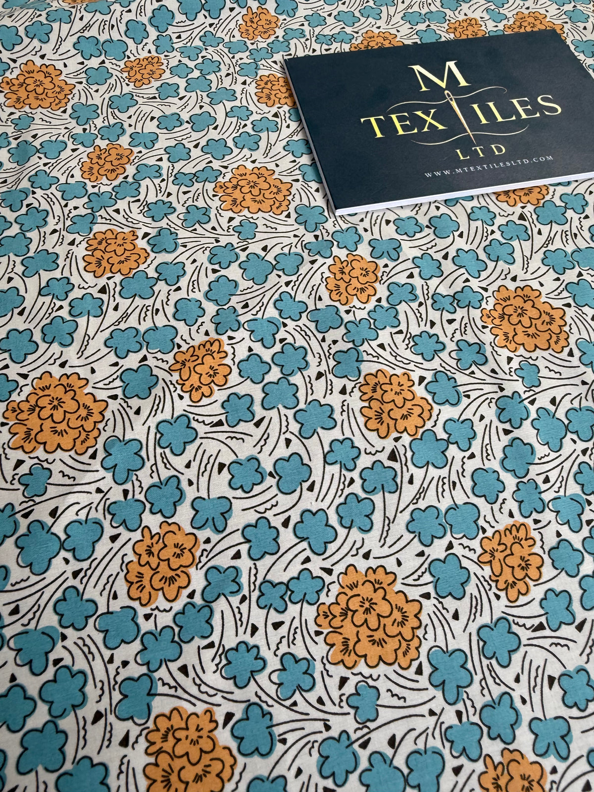 Teal & Mustard Retro Floral Cotton Dress Fabric | Sold by the Metre
