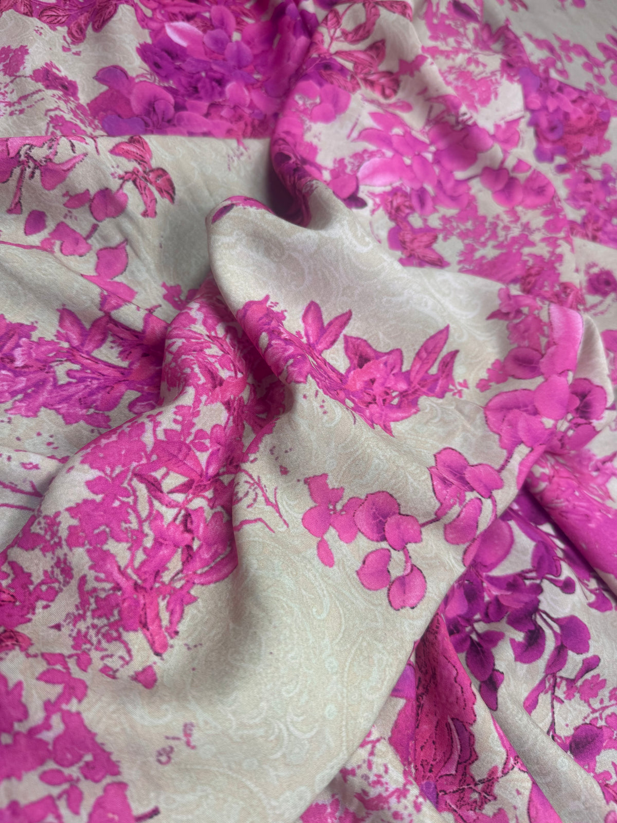 Fuchsia Blossom on Silver Viscose Dress Fabric | Sold by the Metre