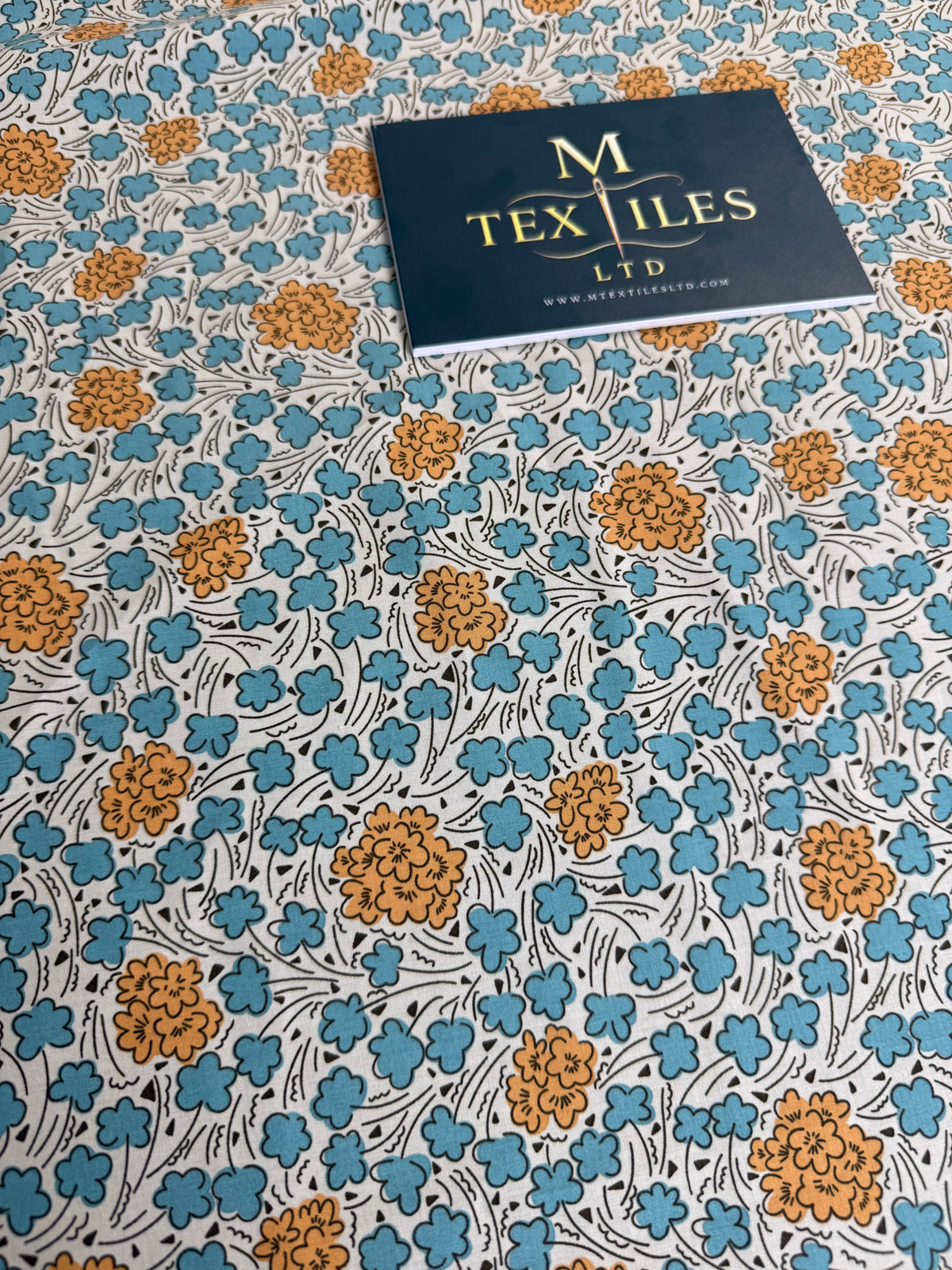 Teal & Mustard Retro Floral Cotton Dress Fabric | Sold by the Metre