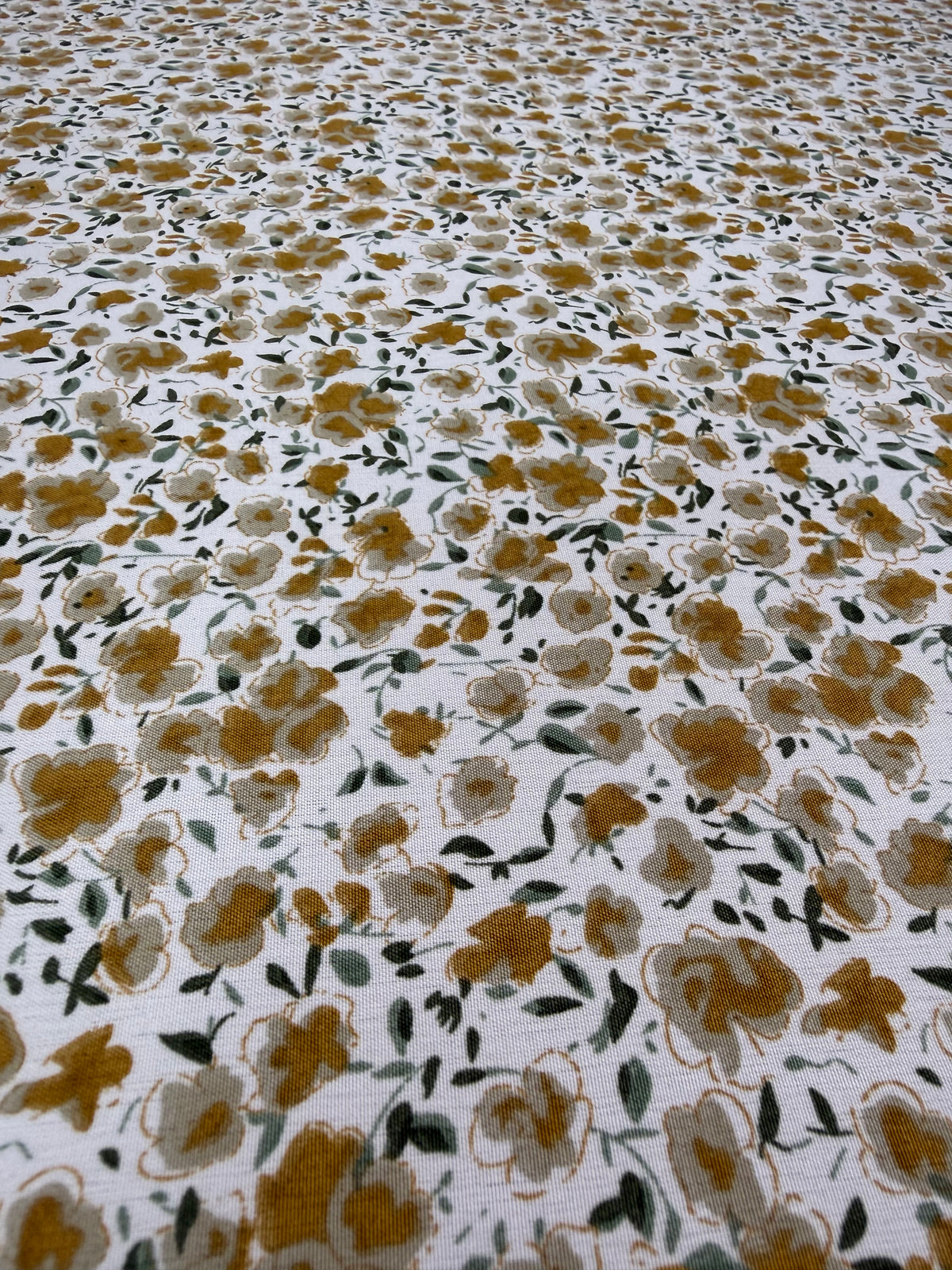 Mustard Ditsy on White Polyester Dress Fabric | Sold by the Metre
