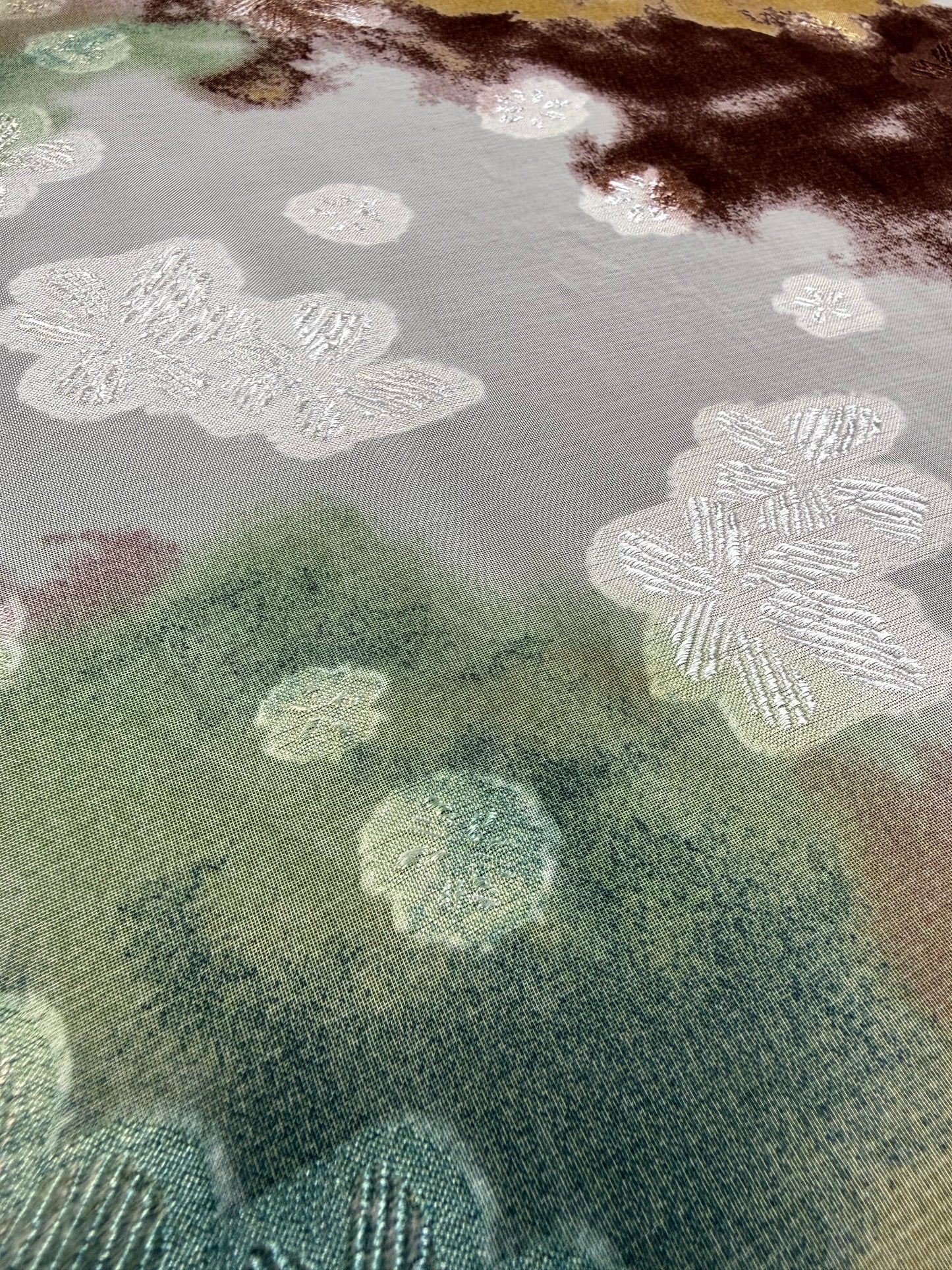 Mustard & Teal Watercolour Lurex Chiffon Fabric | Sold by the Metre
