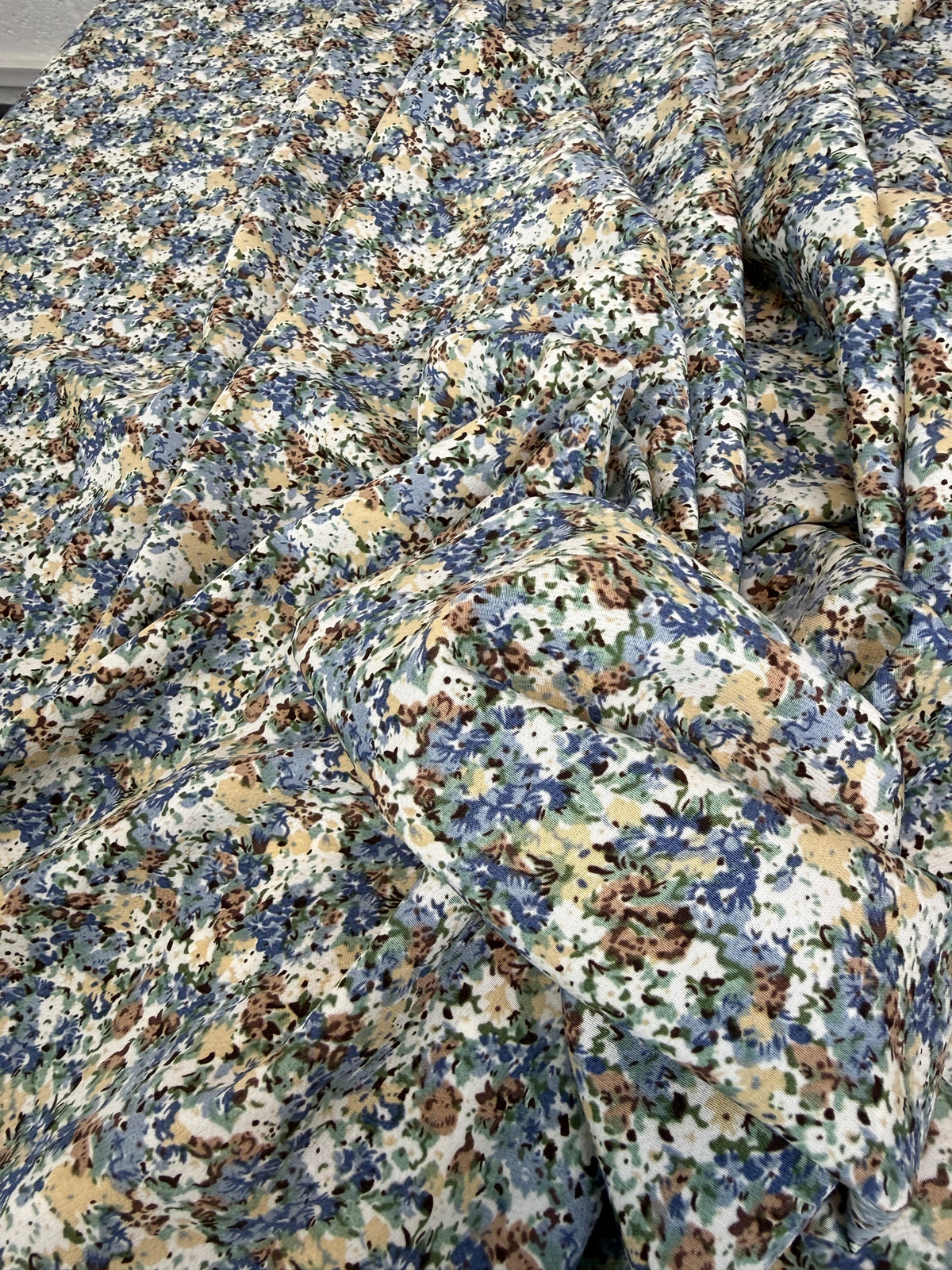Blue & Beige Confetti Floral Polyester Dress Fabric | Sold by the Metre