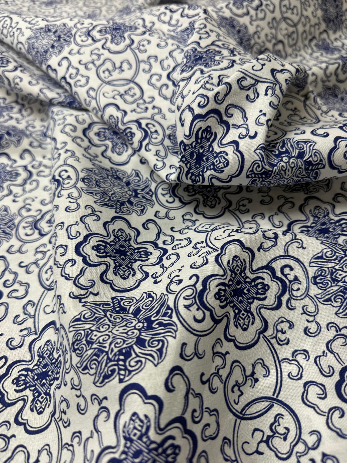 Delft Blue Medallion Cotton Dress Fabric | Sold by the Metre