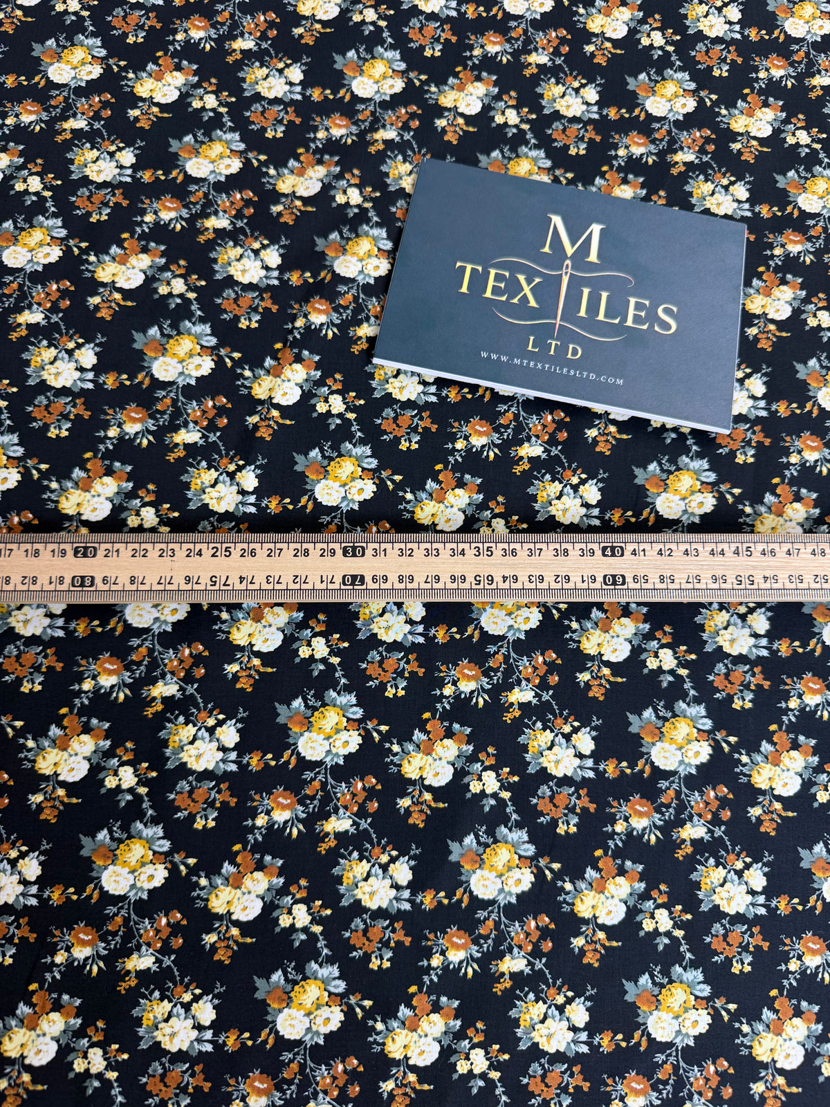 Autumn Rose on Black Cotton Dress Fabric | Sold by the Metre
