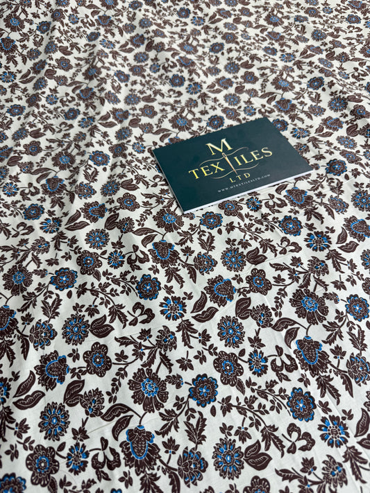 Brown & Blue Ditsy Cotton Dress Fabric | Sold by the Metre