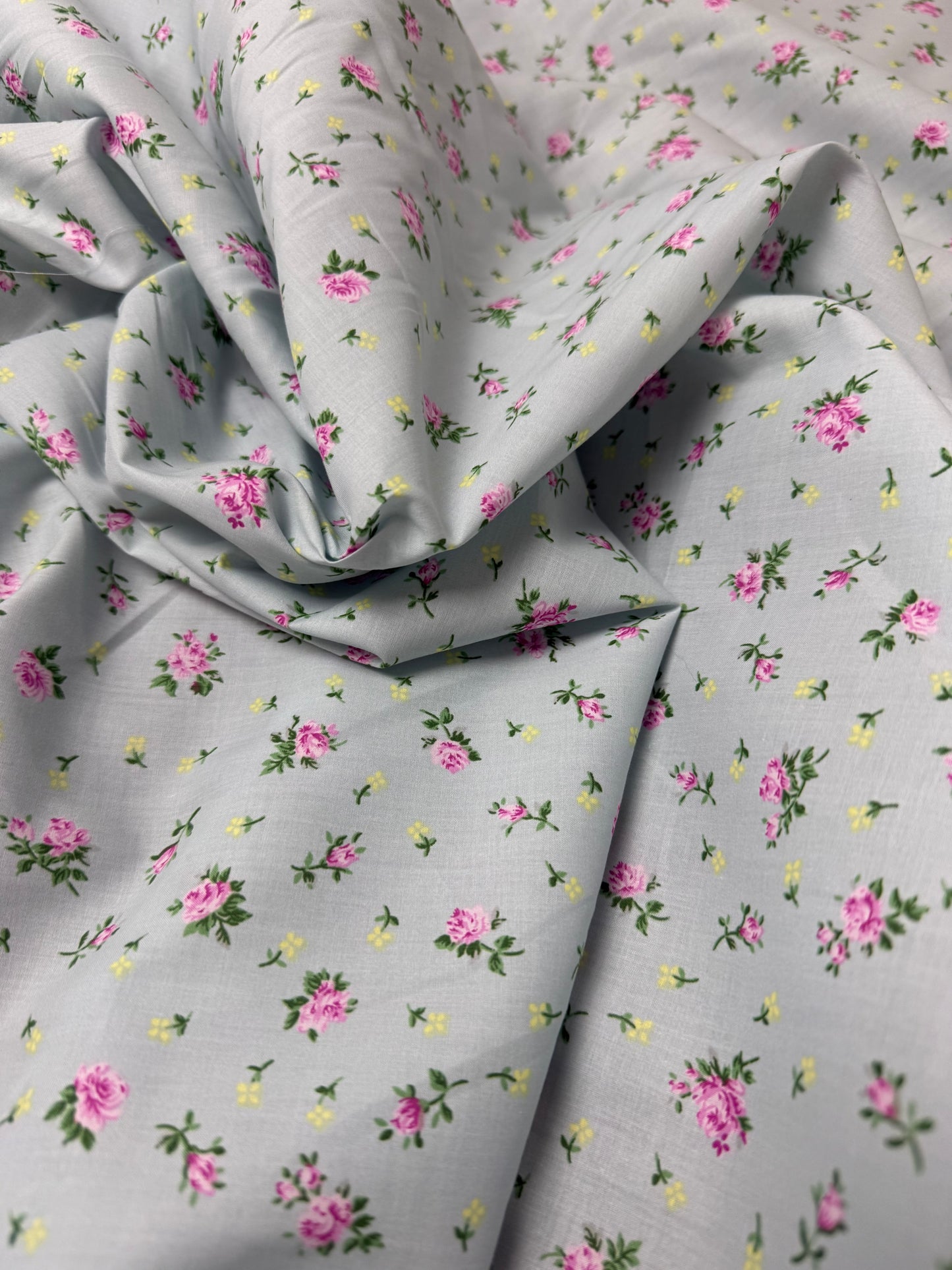 Pink Rosebud on Grey Cotton Dress Fabric | Sold by the Metre