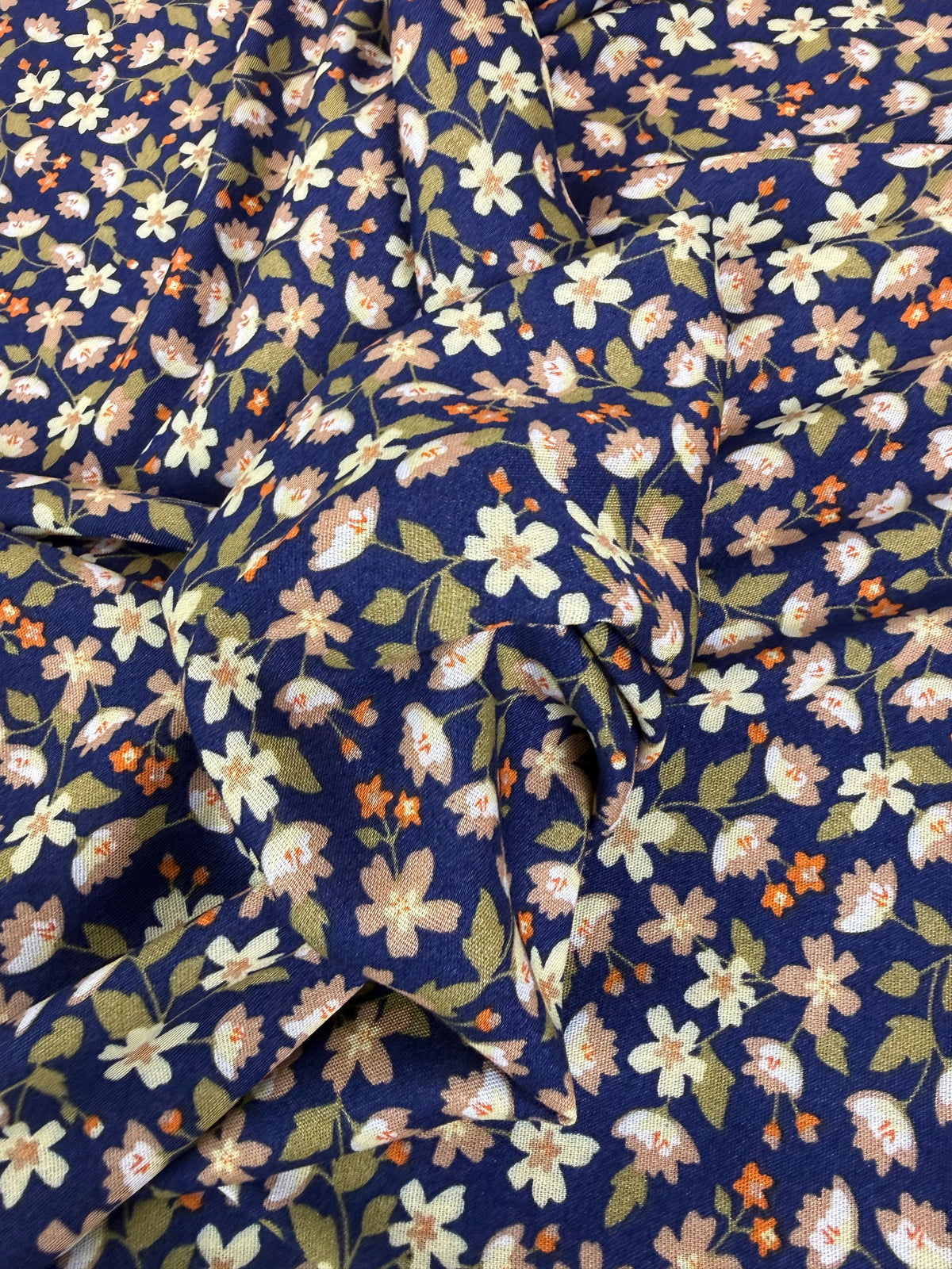 Cream Daisy on Navy Viscose Dress Fabric | Sold by the Metre