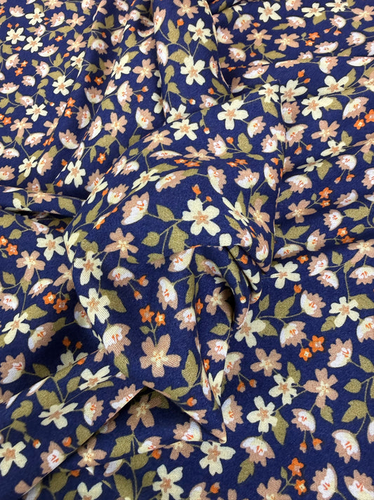 Cream Daisy on Navy Viscose Dress Fabric | Sold by the Metre