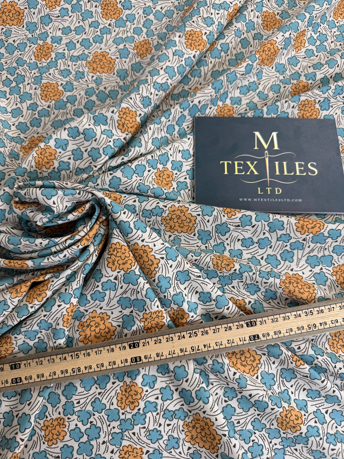 Teal & Mustard Retro Floral Cotton Dress Fabric | Sold by the Metre