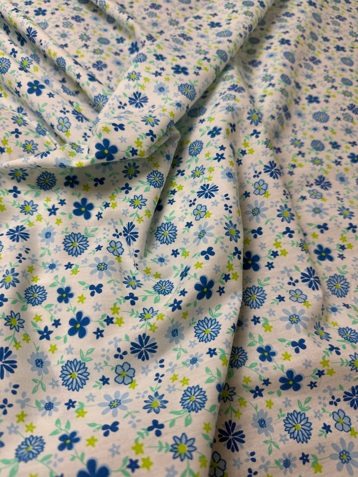 Blue Daisy on White Cotton Dress Fabric | Sold by the Metre