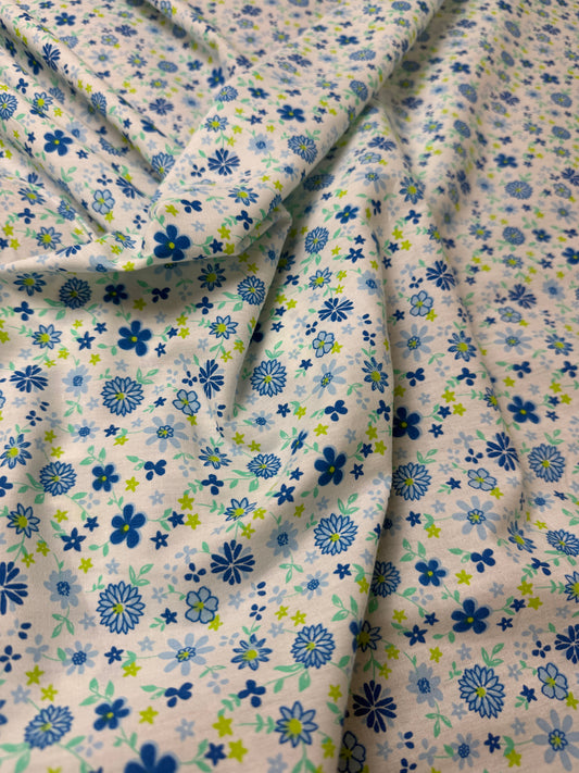 Blue Daisy on White Cotton Dress Fabric | Sold by the Metre