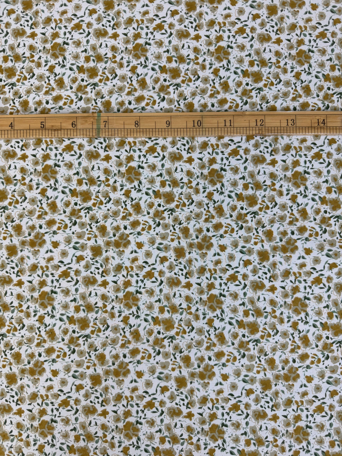 Mustard Ditsy on White Polyester Dress Fabric | Sold by the Metre
