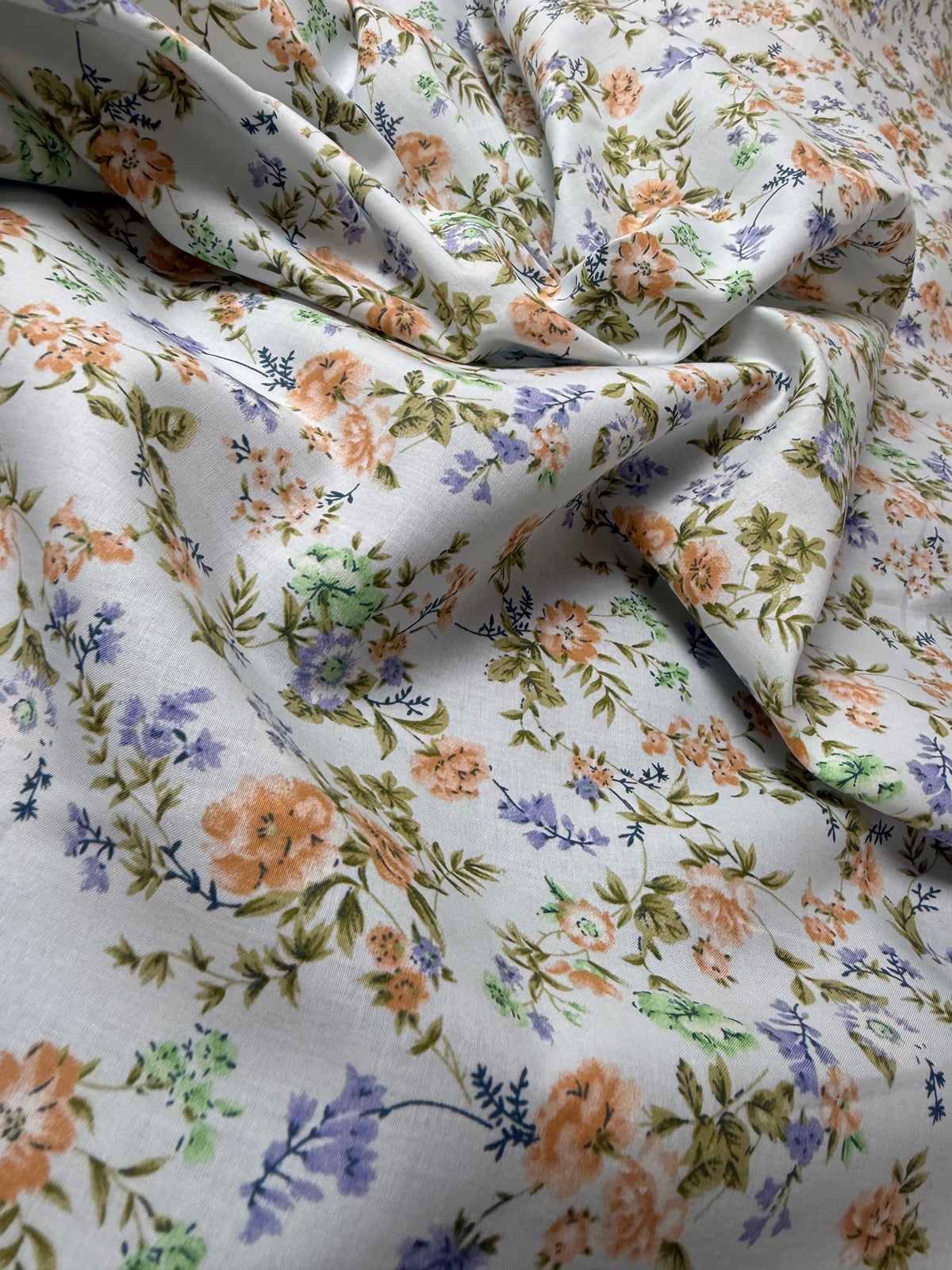 Peach & Blue Cottage Floral Cotton Dress Fabric | Sold by the Metre