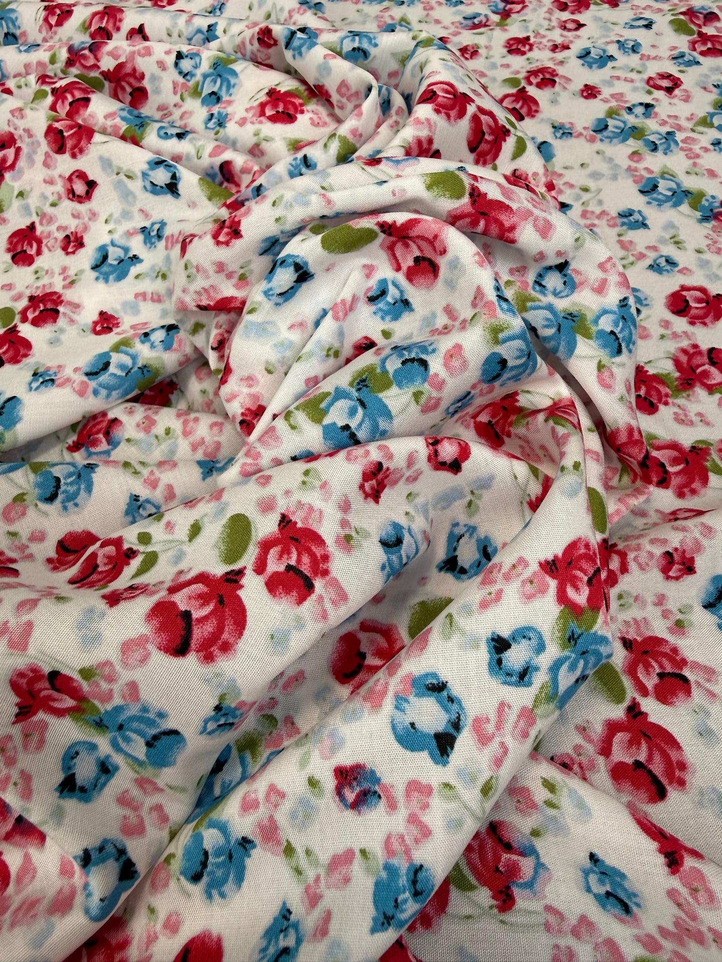 Red & Blue Rose Ditsy Viscose Dress Fabric | Sold by the Metre