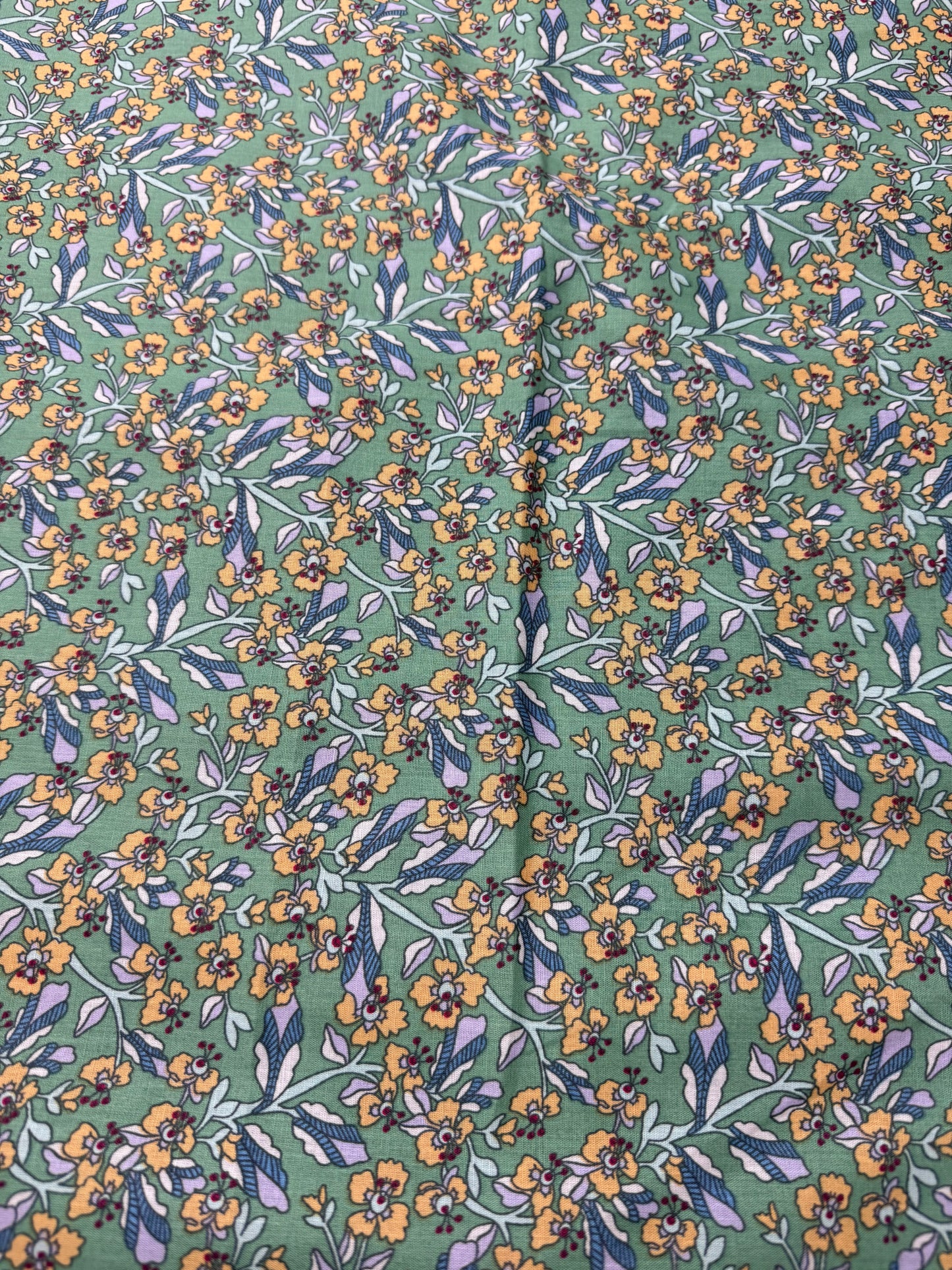Apricot Floral on Sage Cotton Dress Fabric | Sold by the Metre