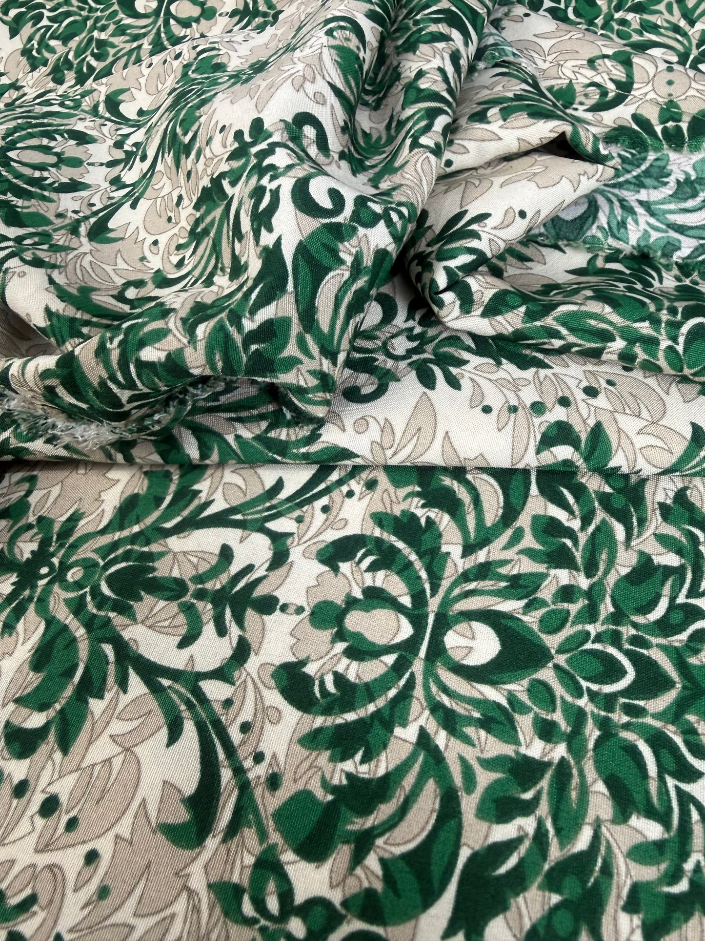Emerald Damask Leaf Polyester Dress Fabric | Sold by the Metre