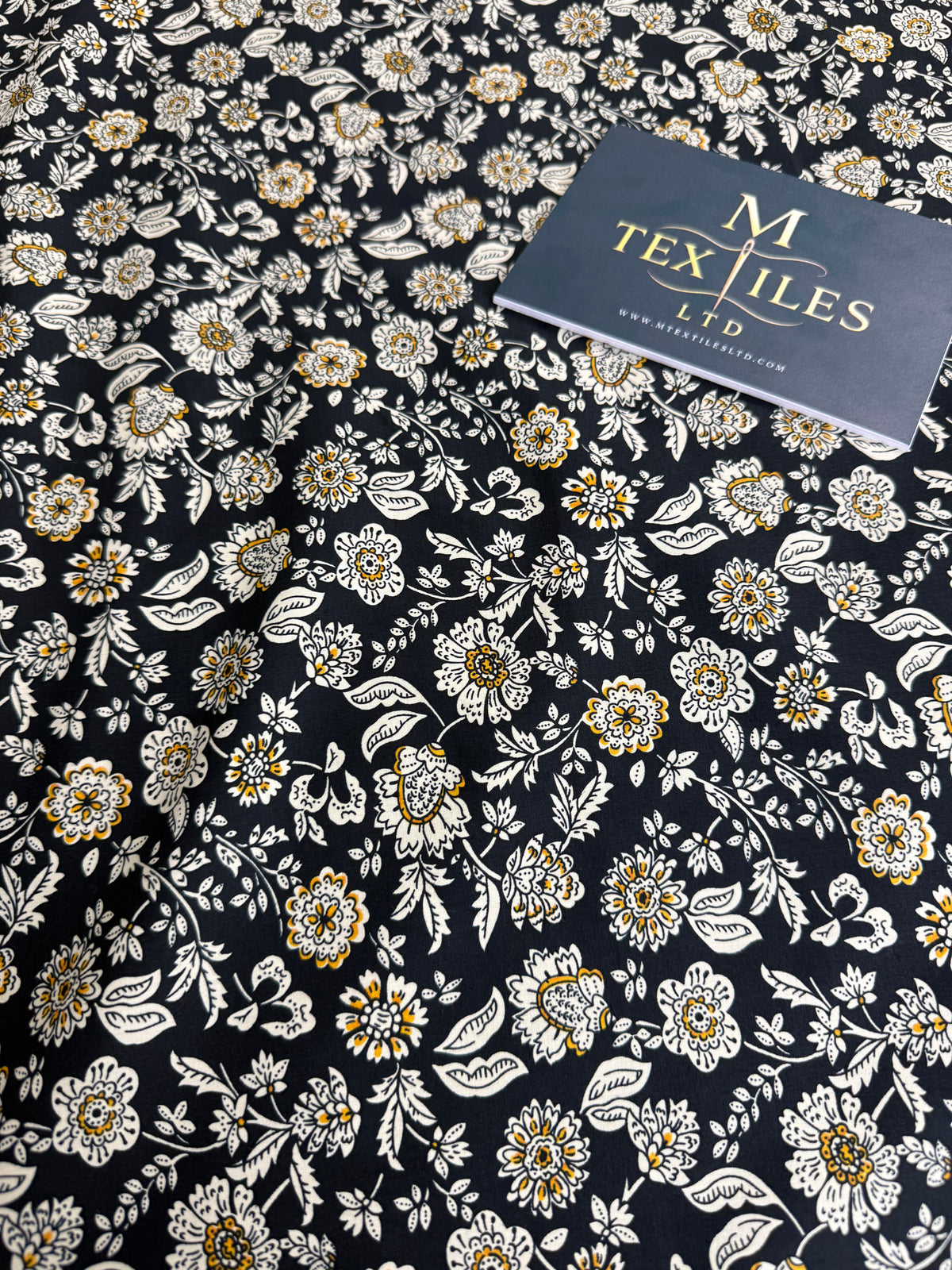Cream & Gold Floral on Navy Cotton Dress Fabric | Sold by the Metre