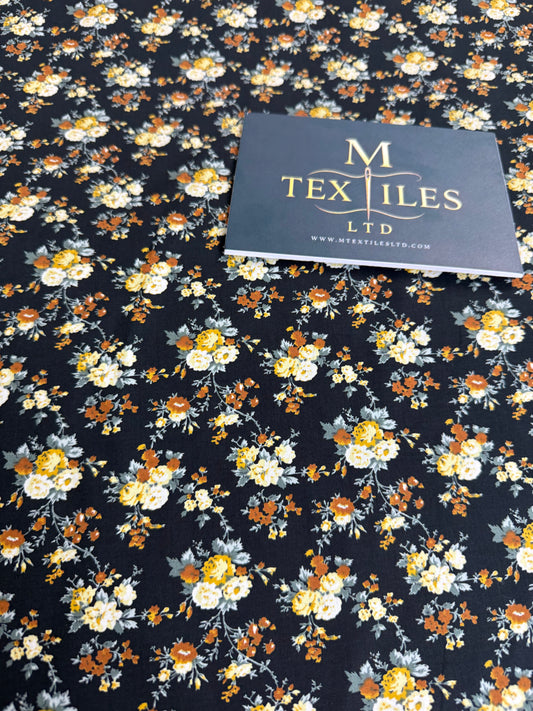 Autumn Rose on Black Cotton Dress Fabric | Sold by the Metre