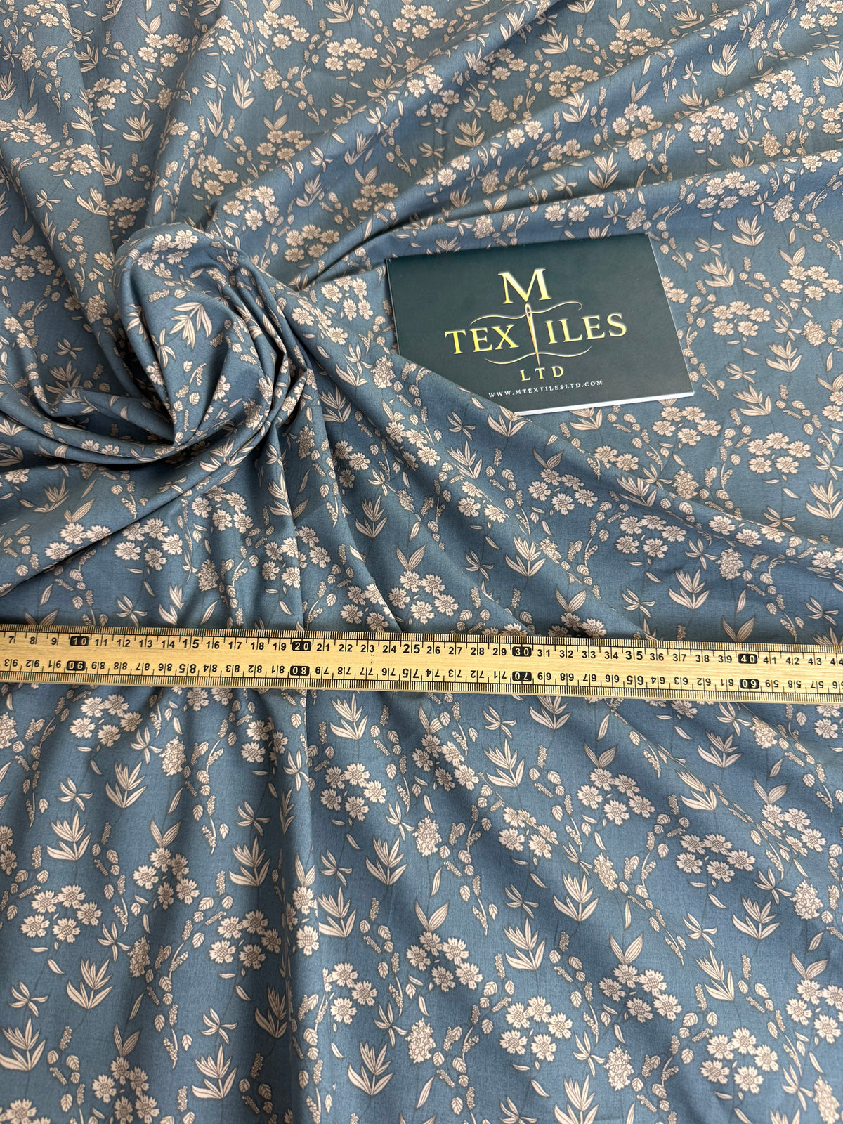 Cream Sprig on Teal Cotton Dress Fabric | Sold by the Metre