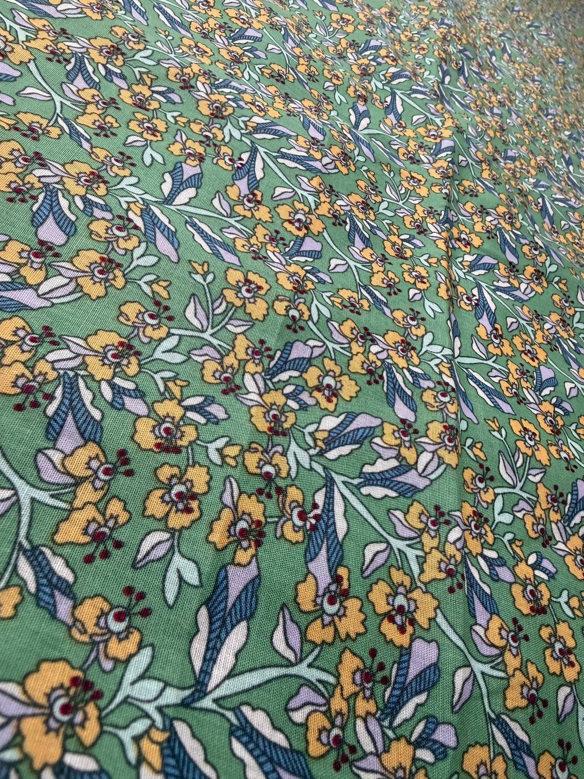 Apricot Floral on Sage Cotton Dress Fabric | Sold by the Metre