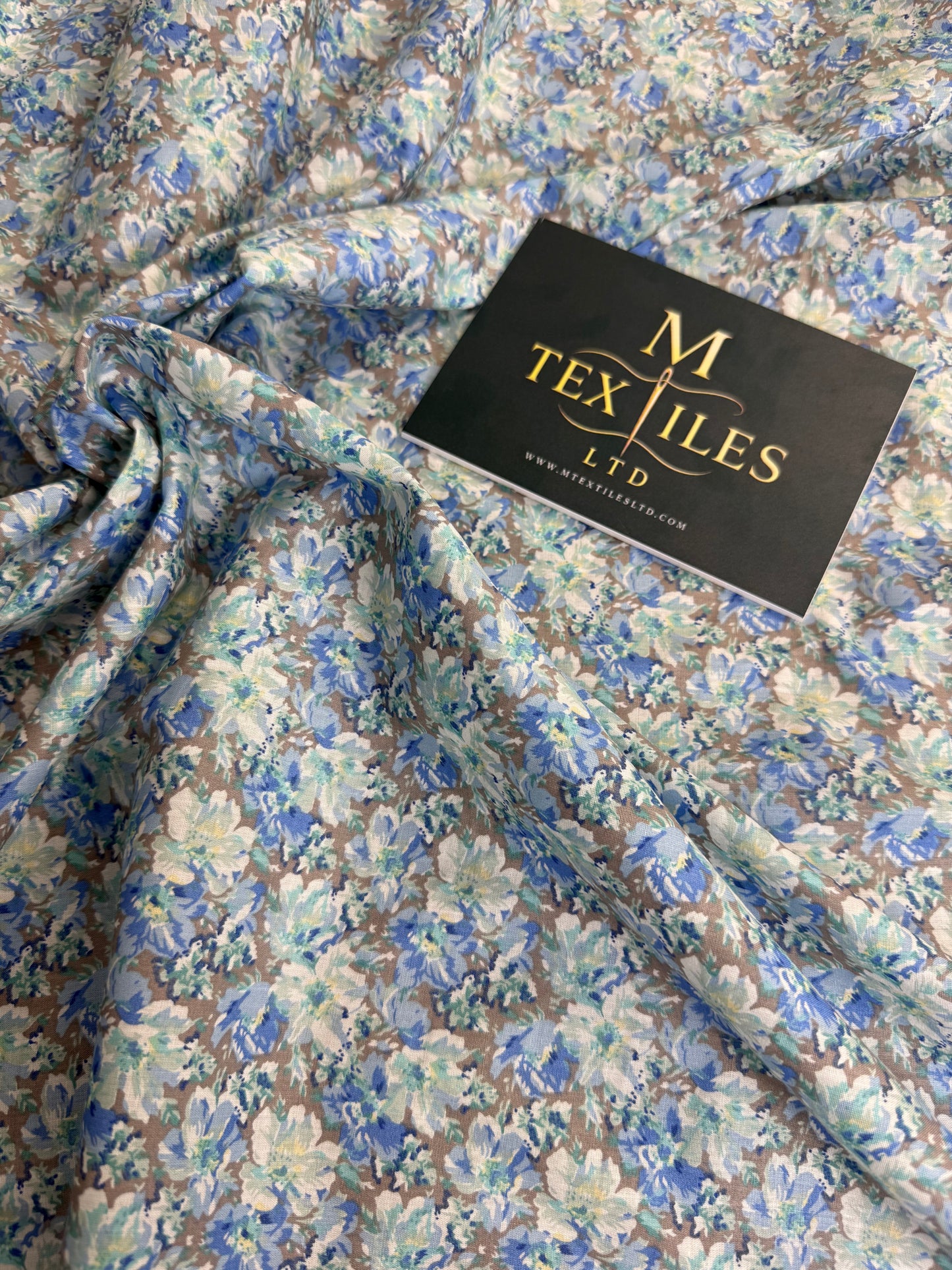 Blue Watercolour Floral Cotton Dress Fabric | Sold by the Metre