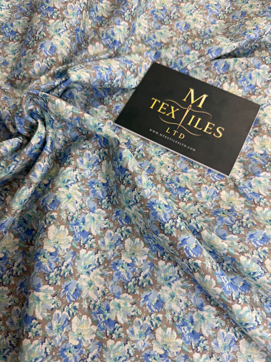 Blue Watercolour Floral Cotton Dress Fabric | Sold by the Metre