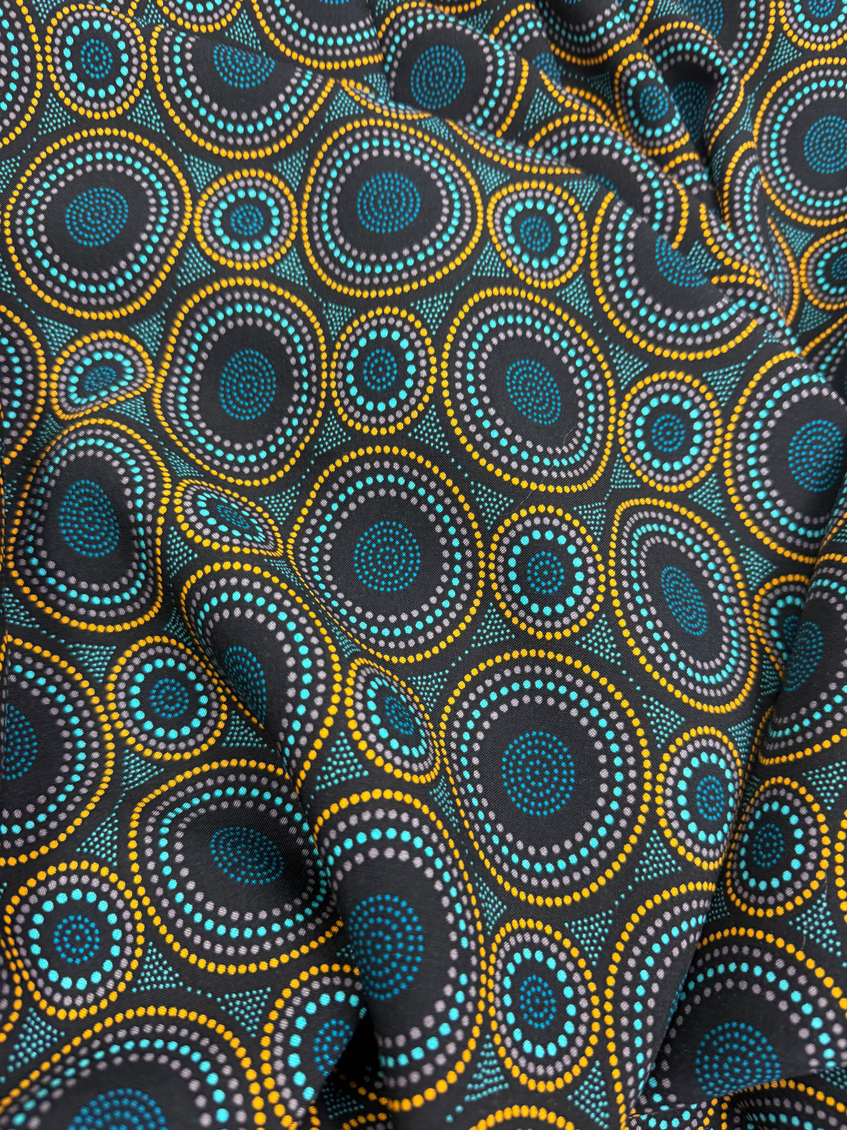 Teal & Ochre Circles Viscose Dress Fabric | Sold by the Metre