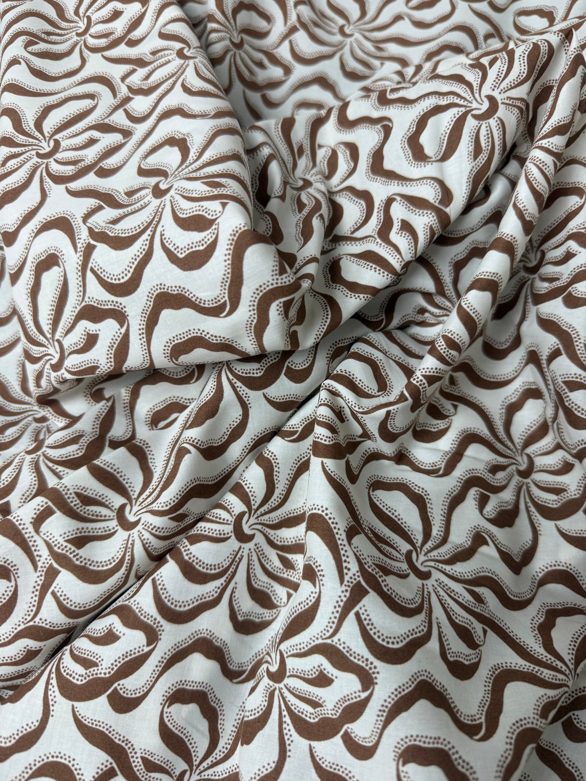 Chocolate Retro Swirl Cotton Dress Fabric | Sold by the Metre