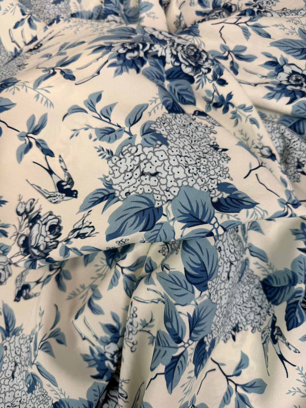 Blue Chinoiserie Hydrangea Polyester Dress Fabric | Sold by the Metre