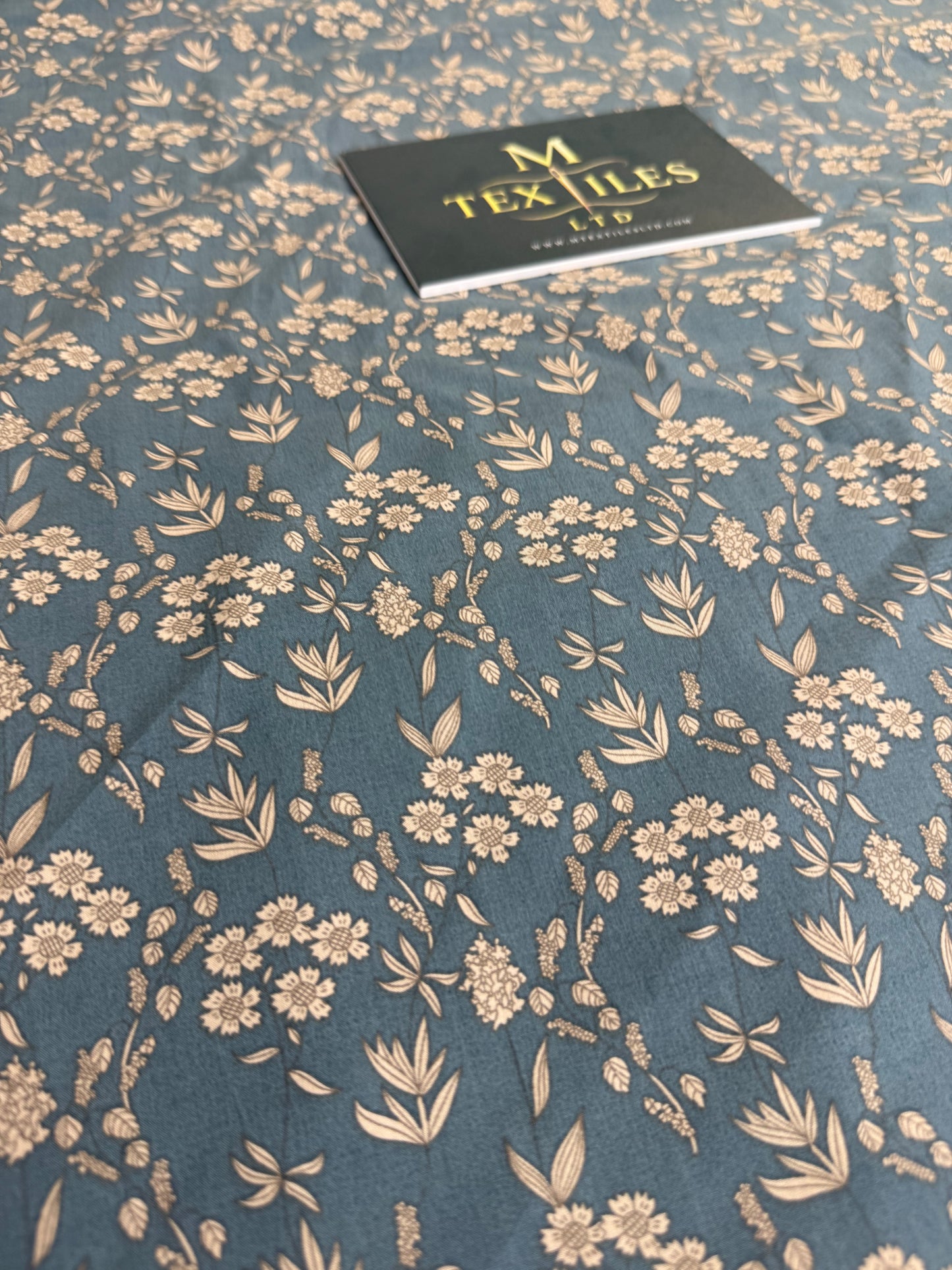 Cream Sprig on Teal Cotton Dress Fabric | Sold by the Metre