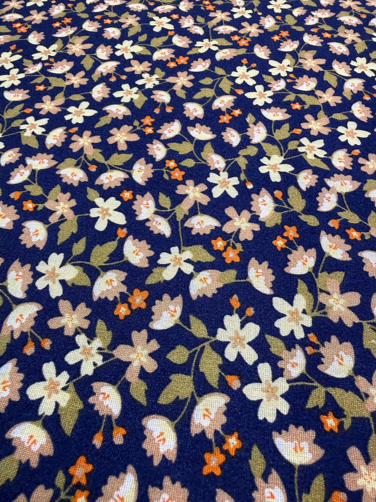 Cream Daisy on Navy Viscose Dress Fabric | Sold by the Metre