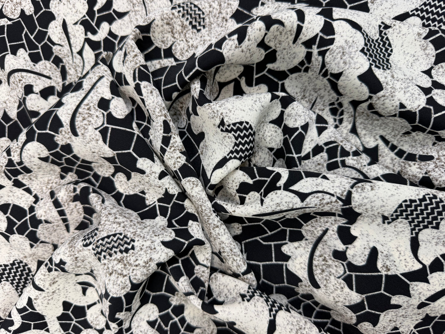 Monochrome Abstract Floral Polyester Dress Fabric | Sold by the Metre