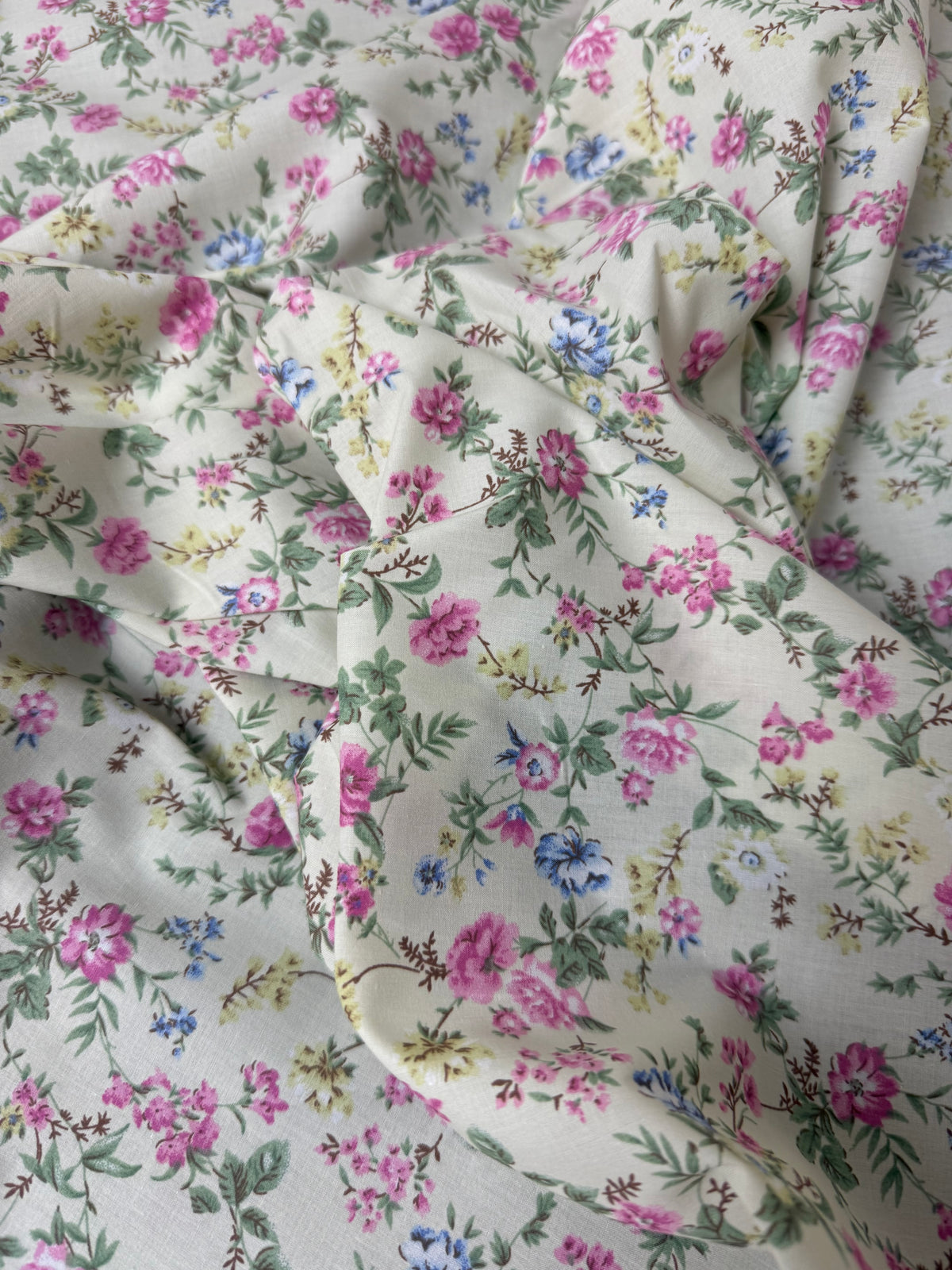 Pink Rose Spray on Cream Cotton Dress Fabric | Sold by the Metre
