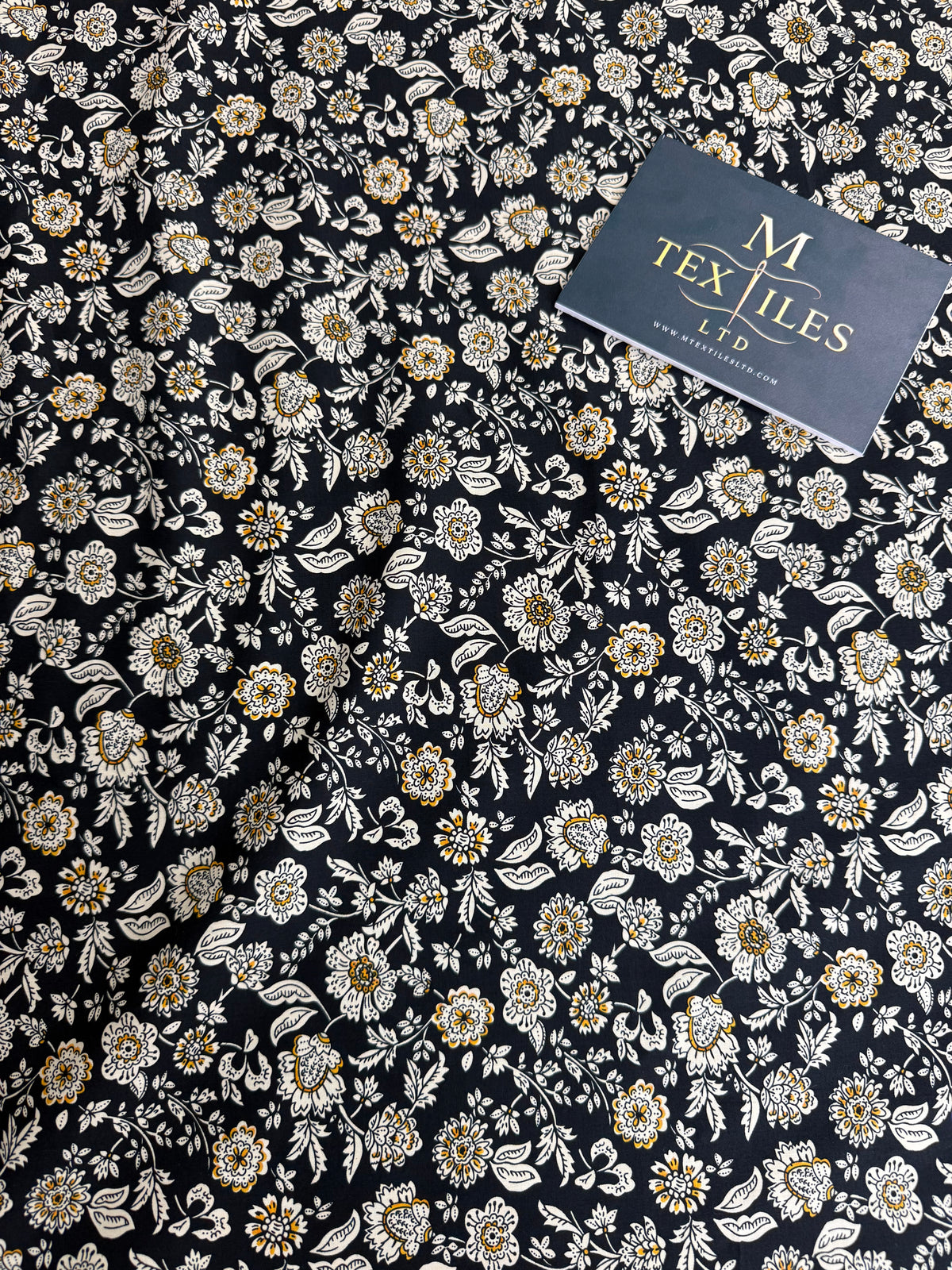 Cream & Gold Floral on Navy Cotton Dress Fabric | Sold by the Metre