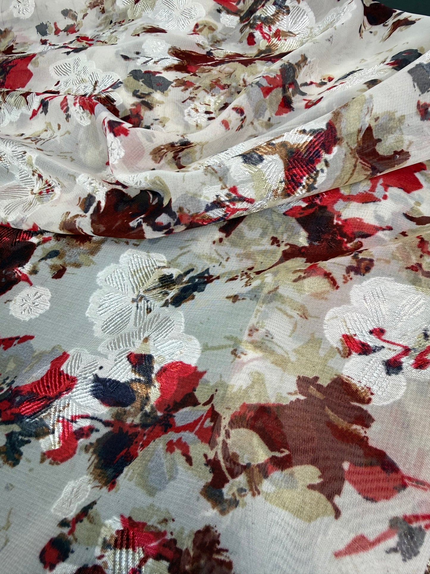 Burgundy Watercolour Chiffon Lurex Chiffon Fabric | Sold by the Metre