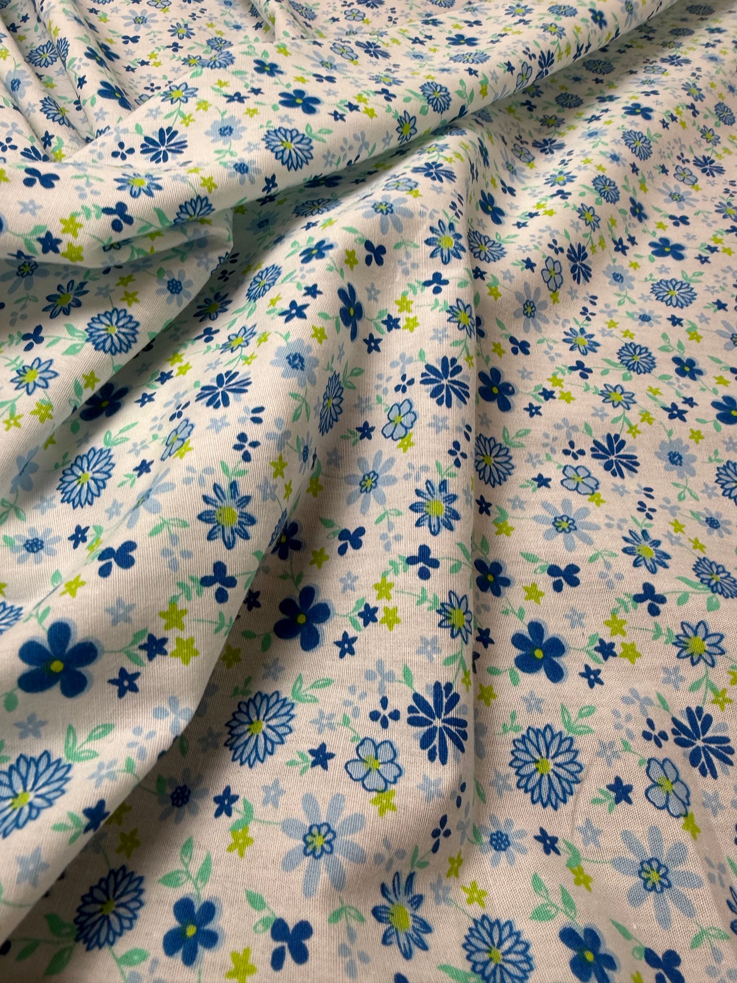 Blue Daisy on White Cotton Dress Fabric | Sold by the Metre