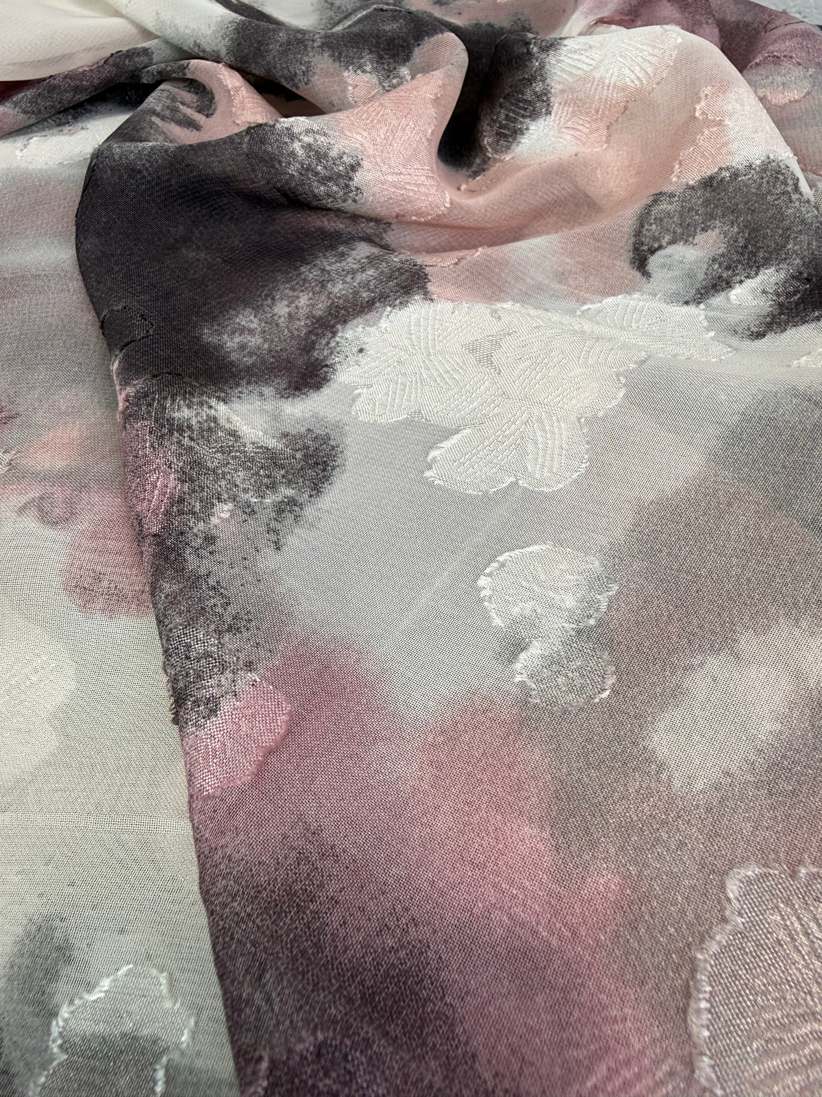 Blush & Grey Watercolour Lurex Chiffon Fabric | Sold by the Metre