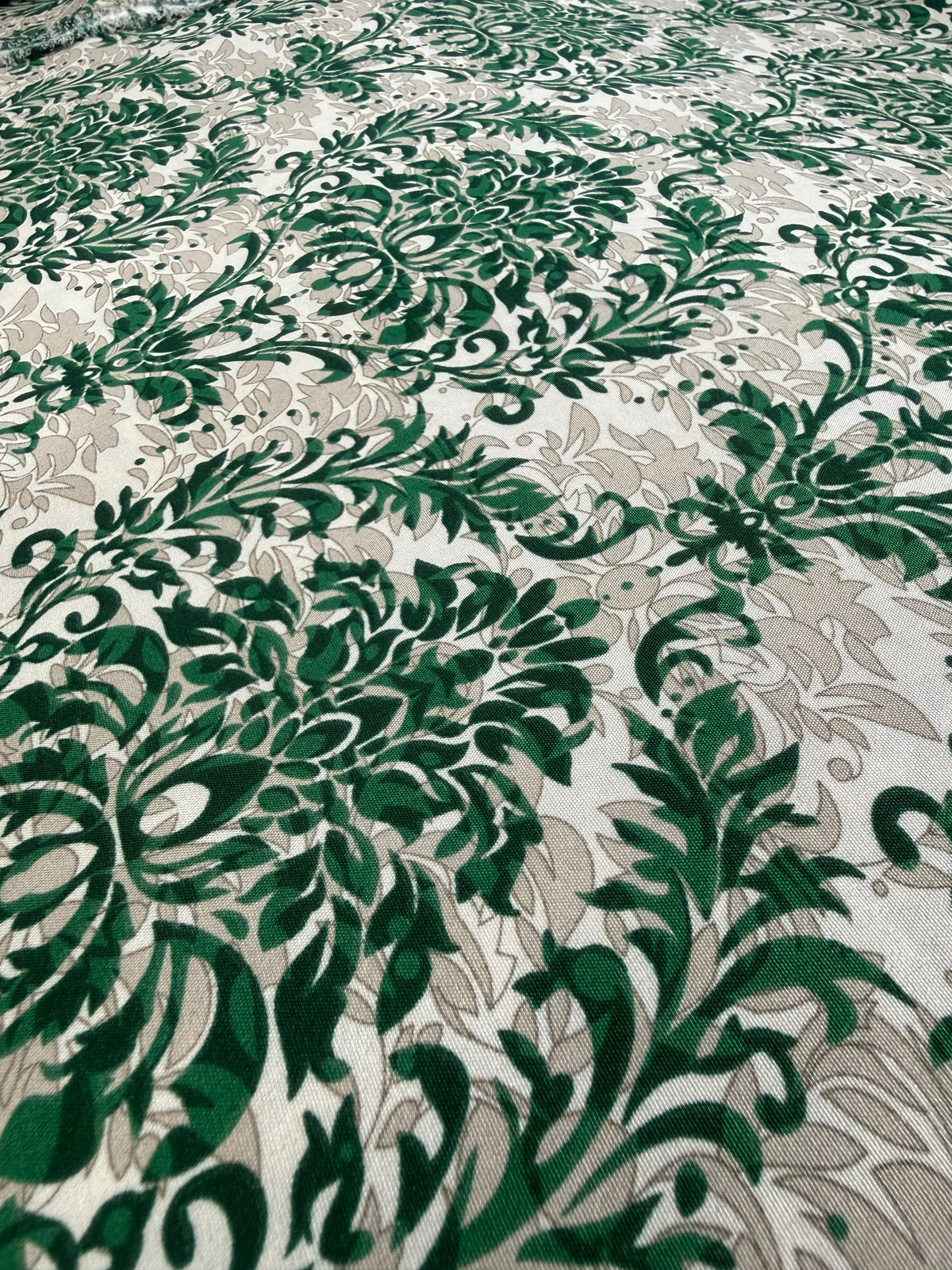 Emerald Damask Leaf Polyester Dress Fabric | Sold by the Metre