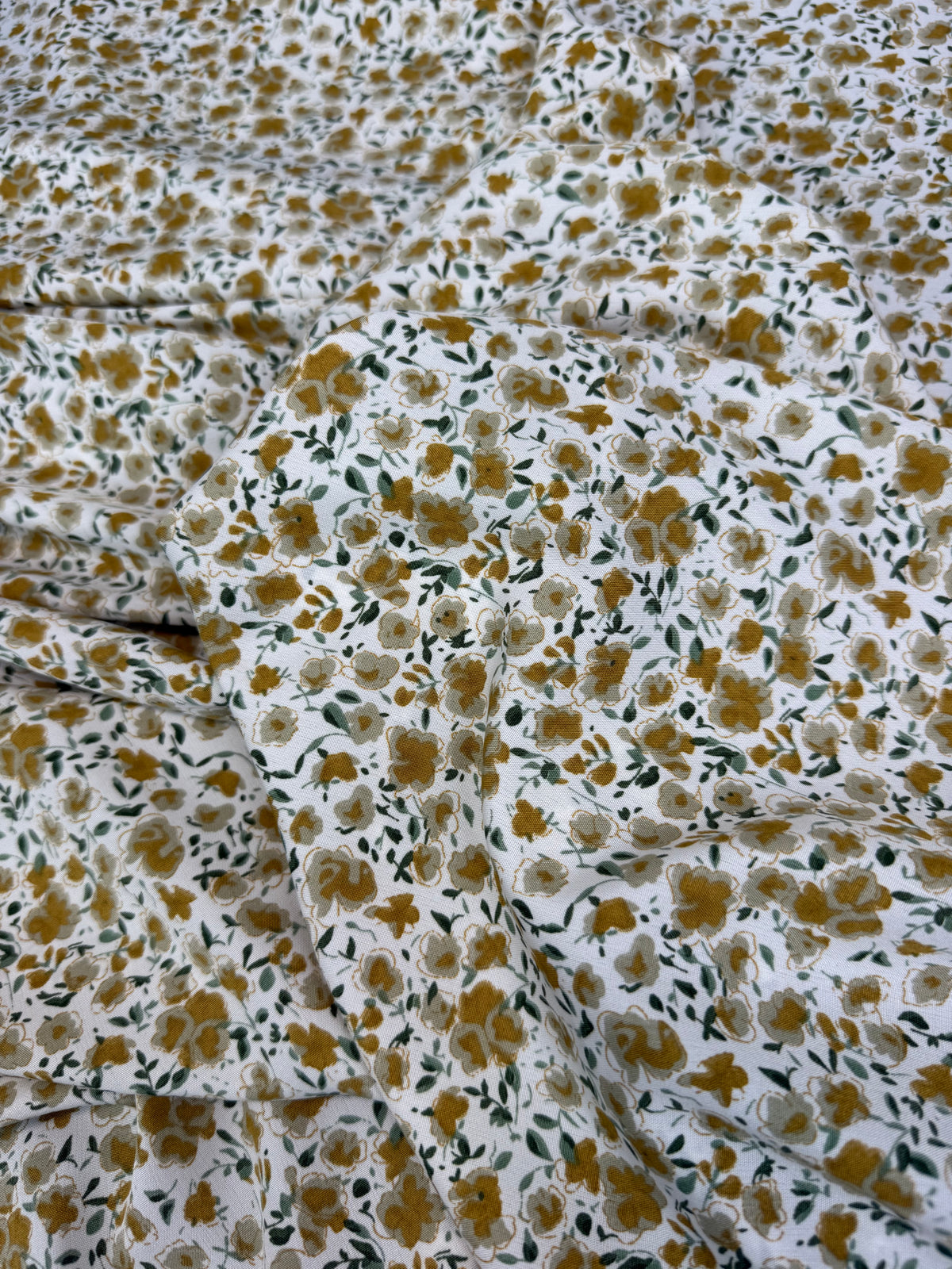 Mustard Ditsy on White Polyester Dress Fabric | Sold by the Metre