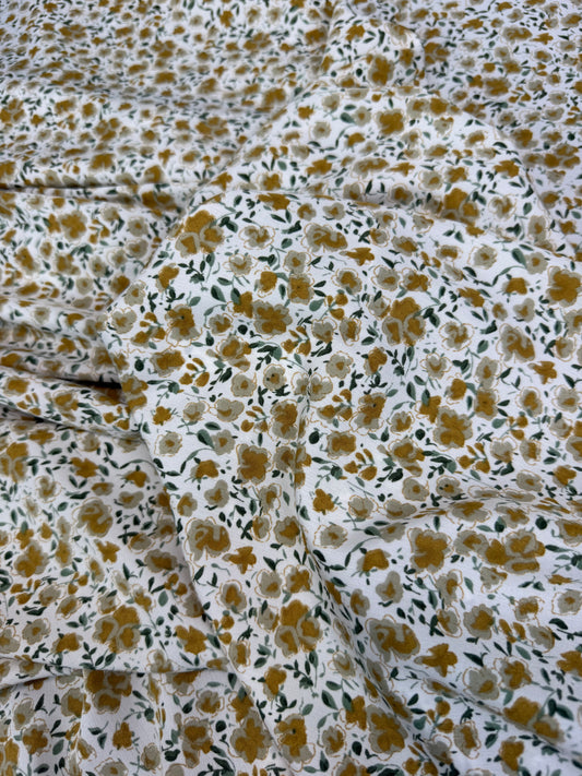 Mustard Ditsy on White Polyester Dress Fabric | Sold by the Metre