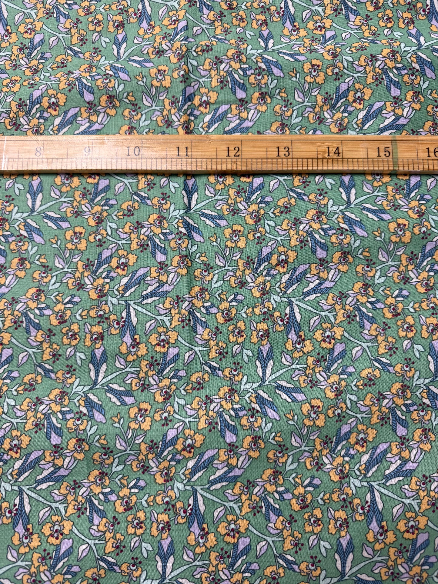 Apricot Floral on Sage Cotton Dress Fabric | Sold by the Metre