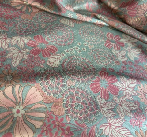 Mint & Coral Chrysanthemum Satin Jacquard Fabric | Sold by the Metre