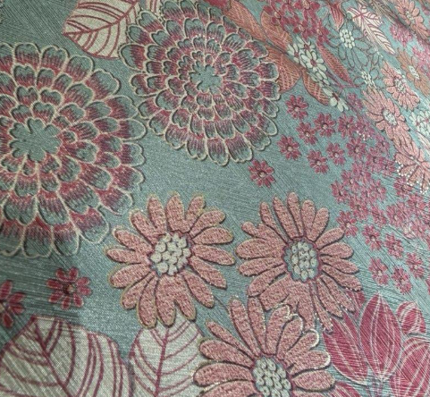 Mint & Coral Chrysanthemum Satin Jacquard Fabric | Sold by the Metre