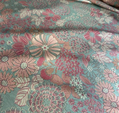 Mint & Coral Chrysanthemum Satin Jacquard Fabric | Sold by the Metre