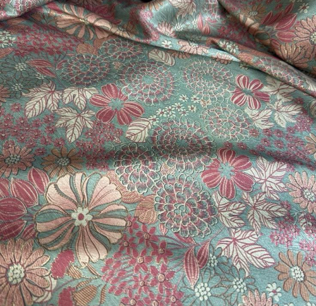 Mint & Coral Chrysanthemum Satin Jacquard Fabric | Sold by the Metre